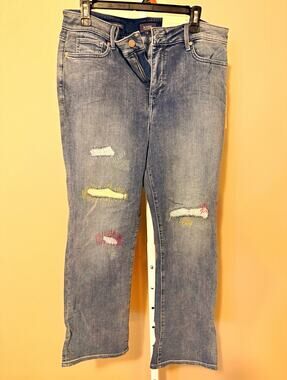 NYDJ Cool Embrace Women’s Straight Blue Denim Jeans 14 Embroidered Zip Button
